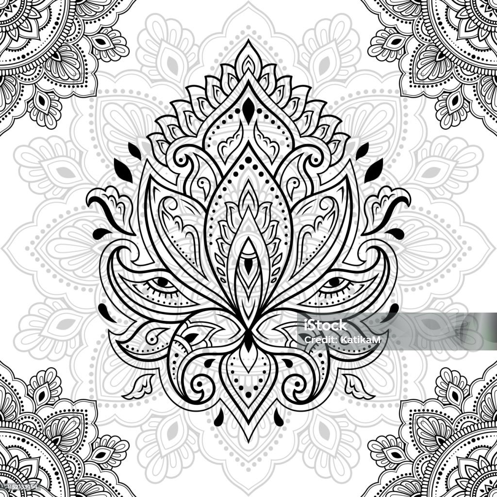 Seamless decorative ornament in ethnic oriental style. Circular pattern in form of mandala and Lotus flower for Henna, Mehndi, tattoo, decoration. Doodle outline hand draw vector illustration. Flower stock vector