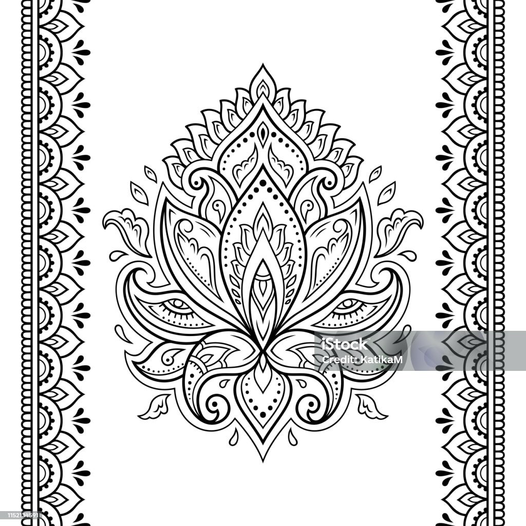 Set of lotus mehndi flower pattern and seamless border for Henna drawing and tattoo. Decoration in oriental, Indian style. Doodle ornament. Outline hand draw vector illustration. Abstract stock vector