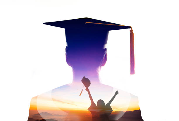 double exposure  of student  graduation watching the sunrise - graduation adult student mortar board student imagens e fotografias de stock