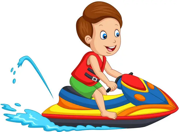 Vector illustration of Cartoon little boy rides a jet ski