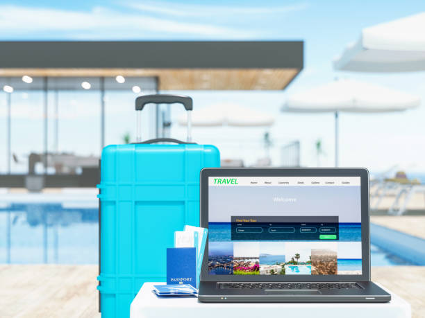 laptop with suitcase near the luxury resort.  concept of travel. - airplane ticket ticket airplane internet imagens e fotografias de stock