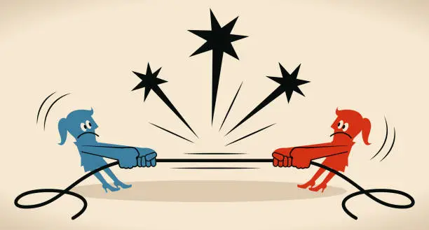 Vector illustration of Tug Of War two businesswomen pulling rope in opposite directions (Your Worst Enemy Is Yourself)