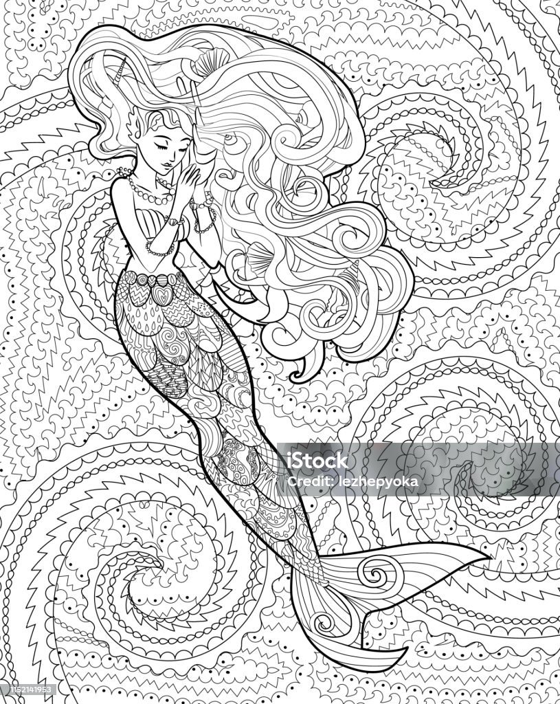 Patterned illustration of a mermaid. Patterned illustration of a mermaid in the tangle style. Drawing with a beautiful underwater girl with high details. Adult antistress coloring page. Colouring book for grown ups. Vector Mermaid stock vector