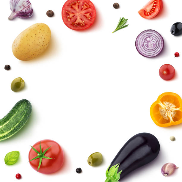 istock Vegetables isolated on white background, top view, round frame of vegetable with empty space for text 1152144810