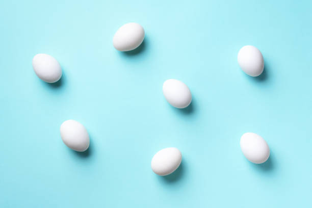 istock Food concept with white chicken eggs on blue background. Top view. Creative pattern in minimal style. Flat lay. 1152145648