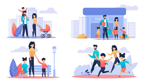 Happy Family Day Off Cartoon Illustration Set Happy Family Day Off Cartoon Illustration Set. Mother, Father and Children Walking in Park or City Street, Shopping at Mall and Running with Dog. Active Time, Recreation Outdoor. Vector Flat Cartoon family happiness stock illustrations