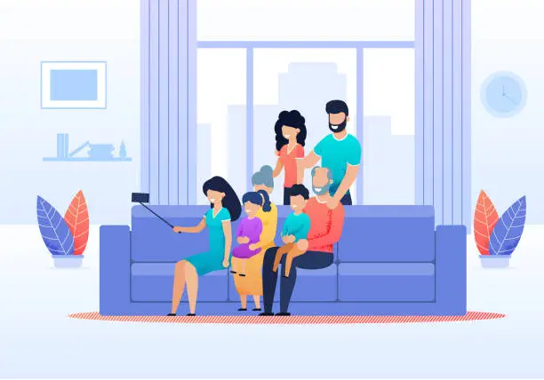 Vector illustration of Family Selfie in Living Room at Home Flat Cartoon