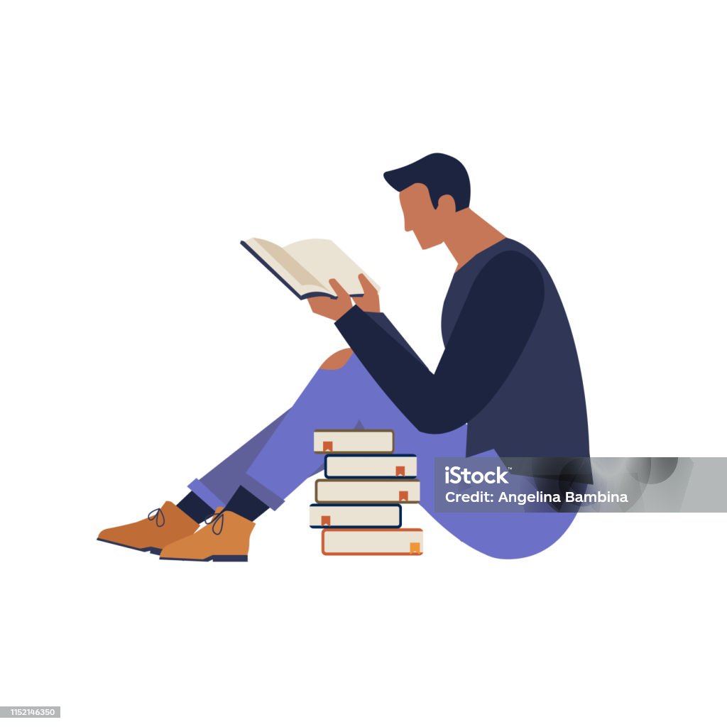 Book festival poster concept of a character reading a book vector illustration flat design book festival poster concept of a character reading a book vector illustration flat design Men stock vector