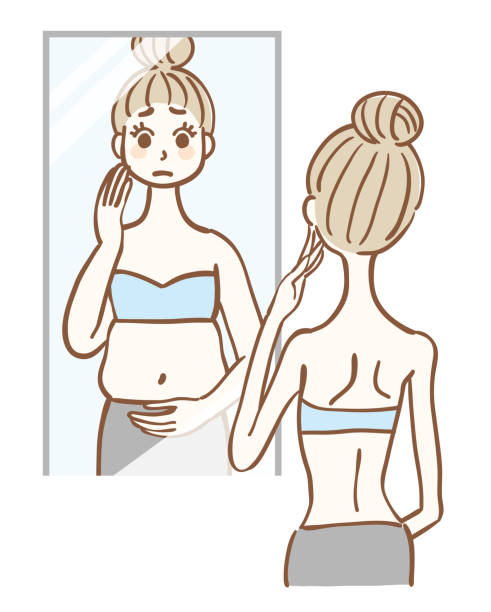 Illustration of a too thin woman. She thinks "I am fat" Illustration of a too thin woman.
She thinks "I am fat" too thin stock illustrations