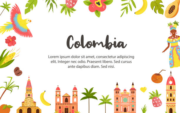 Tourist poster with famous destination of Colombia Tourist poster with famous destinations and landmarks of Colombia. Explore Colombia concept image. For banner, travel guides, posters colombia stock illustrations