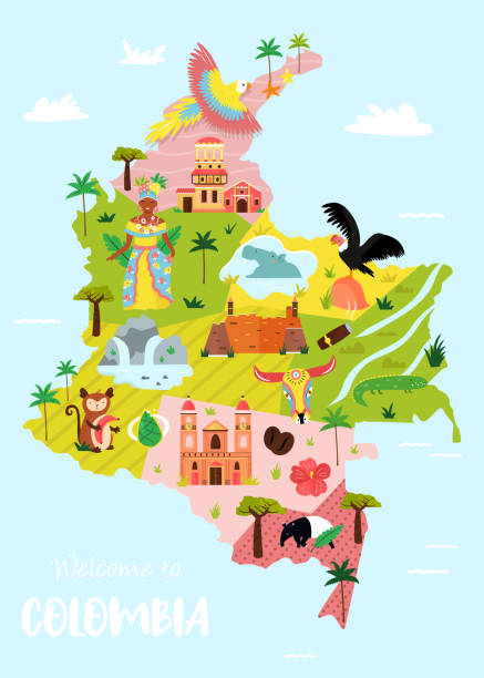 ilustraciones, imágenes clip art, dibujos animados e iconos de stock de brillante mapa ilustrado de colombia. estandarte de viaje - colombia map