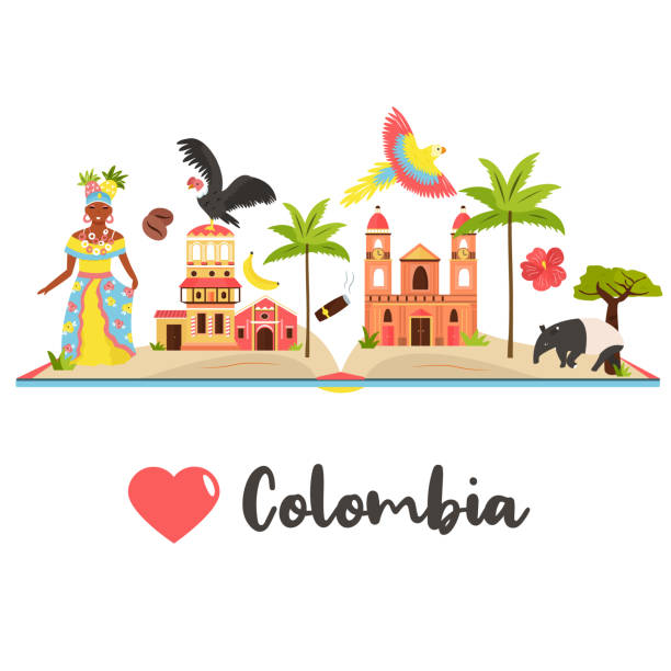 Tourist poster with famous destination of Colombia Tourist poster with famous destinations and landmarks of Colombia. Explore Colombia concept image. For banner, travel guides condor stock illustrations