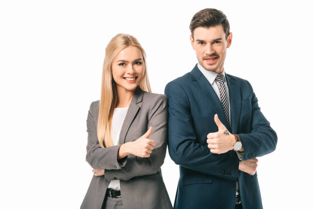 istock successful businesspeople showing thumbs up, isolated on white 1152151334