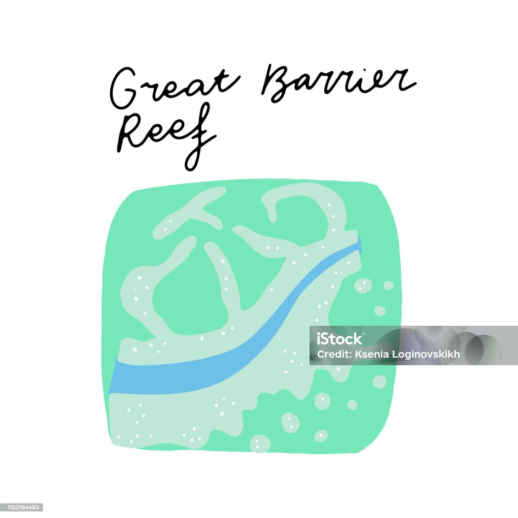 Clipart Vector Drawing Australian Landmark Great Barrier Reef vector illustration. Vector isolated clipart. Kids design poster. Drawing in scandinavian style. 
Handwritten lettering. Australia stock vector