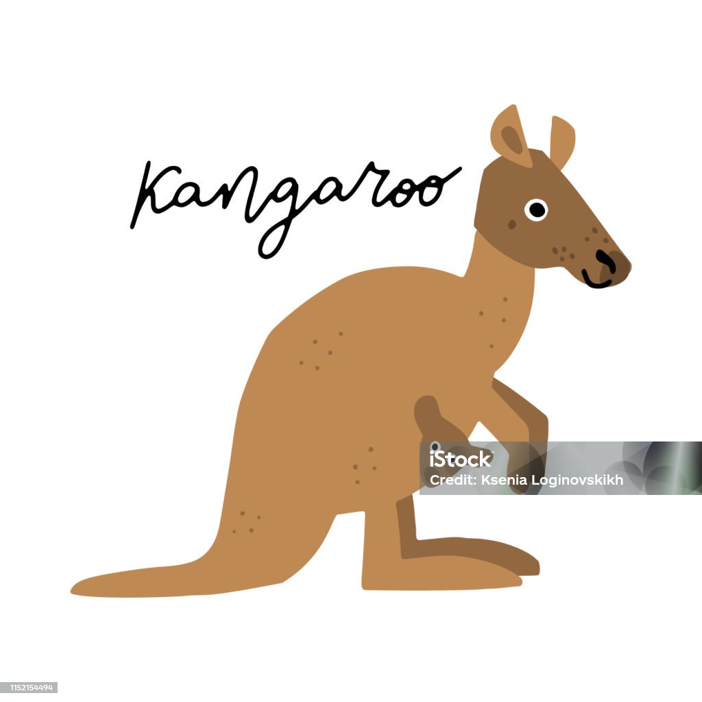 Clipart Vector Drawing Australian Animal Kangaroo vector illustration clipart. Kids design poster. 
Wild mammal drawing in scandinavian style. Handwritten lettering. Exotic wildlife. Animal stock vector