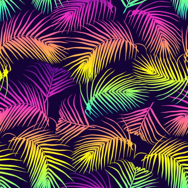 Vector illustration of Colorful palm leaves seamless vector pattern. Tropical neon gradient background. Futuristic digital vector wallpaper. Vaporwave, retrowave, cyberpunk aesthetics.