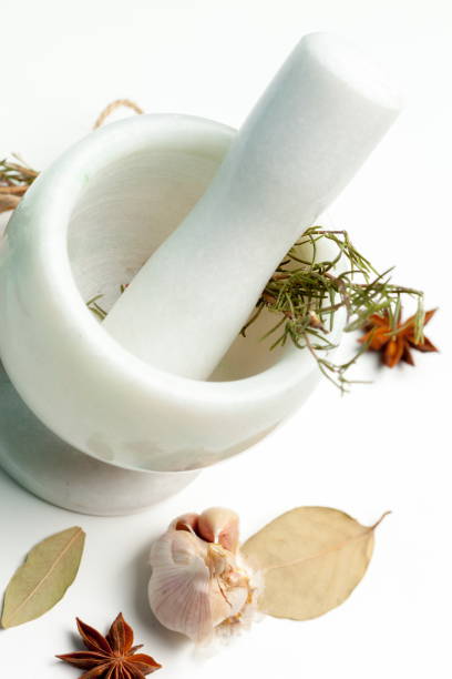 Ceramic Mortar with Pestle and fresh spices