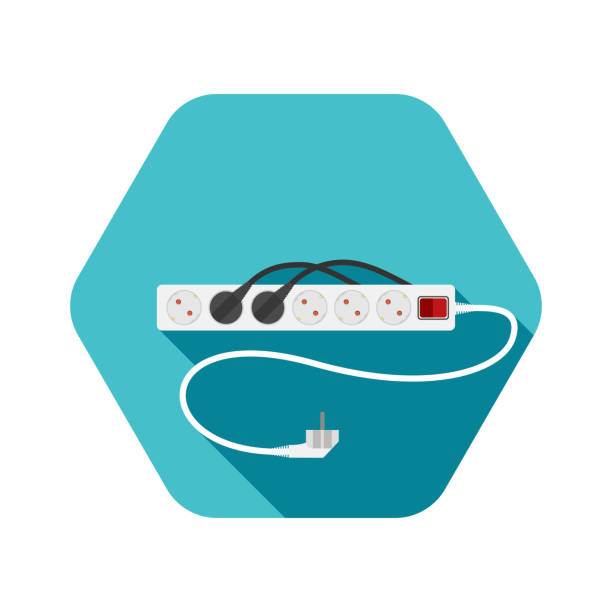 sześciokątna ikona nowoczesnego sześciogłowego elektrycznego przedłużacza typu f z czerwonym przełącznikiem, dwoma wtyczkami podłączonymi i cieniem na turkusowym tle. - extension cord push button cable electric plug stock illustrations