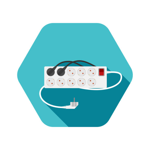 sześciokątna ikona nowoczesnego 10-gniazdowego elektrycznego przedłużacza typu f z czerwonym przełącznikiem, dwoma podłączonymi wtyczkami i cieniem na turkusowym tle. - extension cord push button cable electric plug stock illustrations