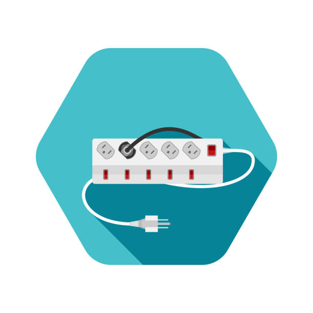 sześciokątna ikona nowoczesnego pięciomiesięcznika elektrycznego przedłużacza typu b z sześcioma przełącznikami, jedna wtyczka podłączona na turkusowym tle z cieniem. - extension cord push button cable electric plug stock illustrations