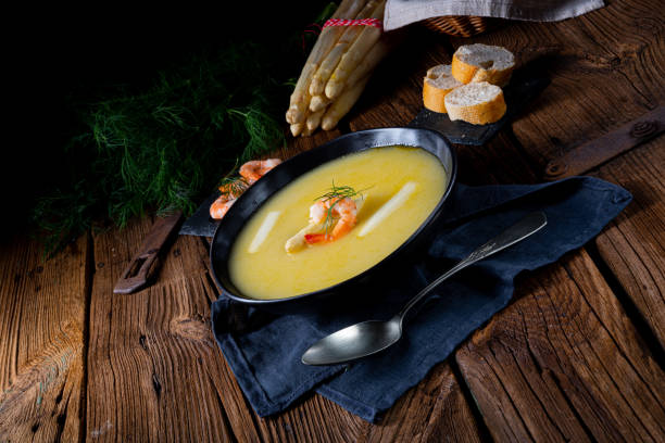 istock Super delicious asparagus soup with crab and capers . 1152160049