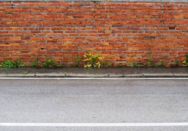 istock Grunge brick wall and a worn sidewalk with weeds. Asphalt road in front.  Background for copy space 1152161443