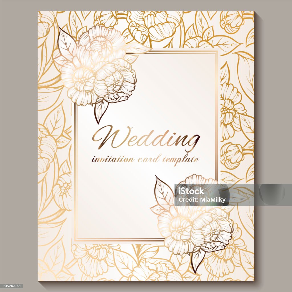 Exquisite Royal Luxury Wedding Invitation Gold On White Background With  Frame And Place For Text Lacy Foliage Made Of Roses Or Peonies With Golden  Shiny Gradient Stock Illustration - Download Image Now -