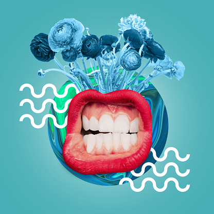 Big female mouth with the white teeth and red lips. Blue flowers and drawn waves against ocean blue background. Negative space to insert your text. Modern design. Contemporary art collage.