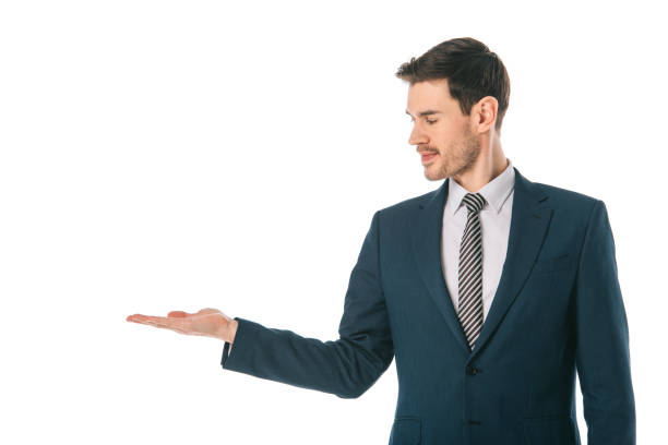 istock corporate businessman presenting something isolated on white 1152166229