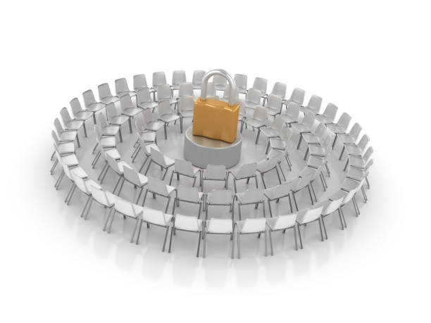 istock Circle of Chairs with Padlock - 3D Rendering 1152166508