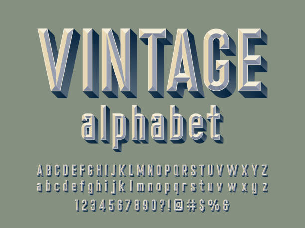 chisel font Chisel style alphabet design with uppercase, lowercase, number and symbols vintage foto stock illustrations