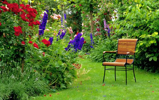 istock Idyllic garden scene with red roses. 1152169587