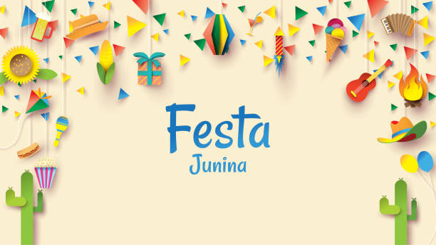 ilustrações, clipart, desenhos animados e ícones de festa junina design do festival na arte de papel e estilo liso com bandeiras do partido e lanterna de papel, pode usar para o cartão, convite ou poster do feriado. -vetor - festa junina