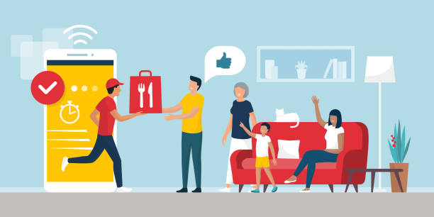 Happy family receiving a ready meal at home using a smartphone app Happy family receiving a ready meal at home using a smartphone app, the delivery man is carrying a bag, technology and lifestyle concept family internet stock illustrations