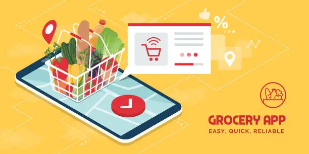 Vector illustration of Grocery delivery at home and smartphone app
