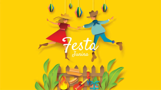 Festa Junina festival design on paper art and flat style with Party Flags and Paper Lantern, Can use for Greeting Card, Invitation or Holiday Poster. - Vector Festa Junina festival design on paper art and flat style with Party Flags and Paper Lantern, Can use for Greeting Card, Invitation or Holiday Poster. - Vector child art people contemporary stock illustrations