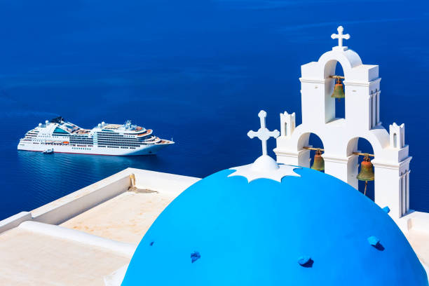 Sea and white church, Santorini, Greece stock photo