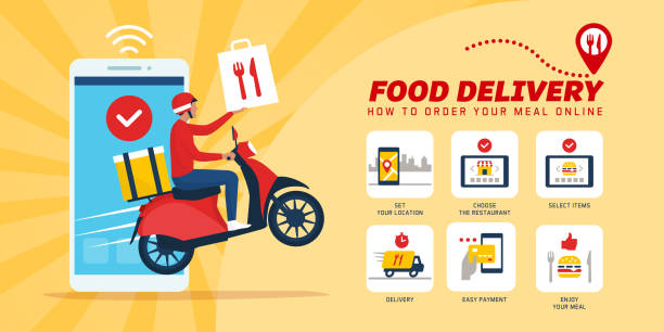 Fast food delivery app on a smartphone Fast food delivery app on a smartphone with delivery man on a scooter: how to order food online meal illustrations stock illustrations