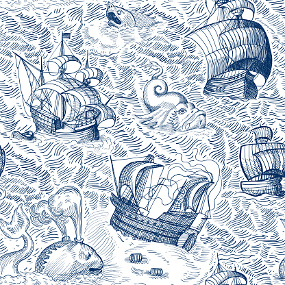 Vintage ships and monsters in ocean. Seamless pattern