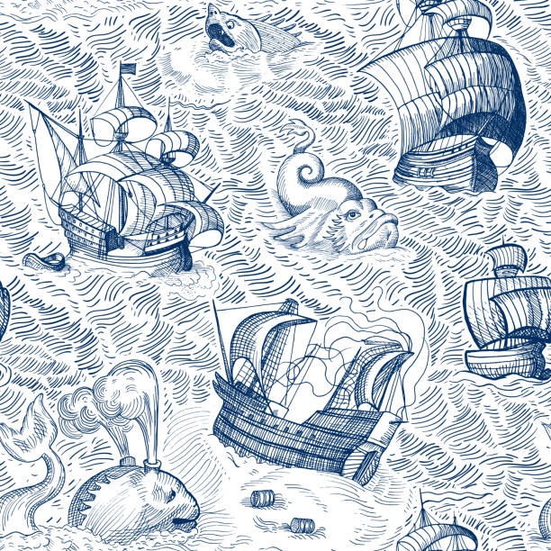 ships and monsters Vintage ships and monsters in ocean. Seamless pattern boat captain illustrations stock illustrations