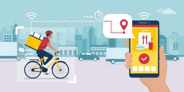 Vector illustration of Fast food delivery app and delivery man