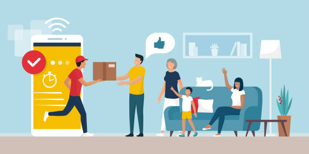 Delivery man delivering a box to a family Delivery app service: man delivering a cardboard box to a happy cheerful family at home in the living room, logistics and technology concept digital native stock illustrations