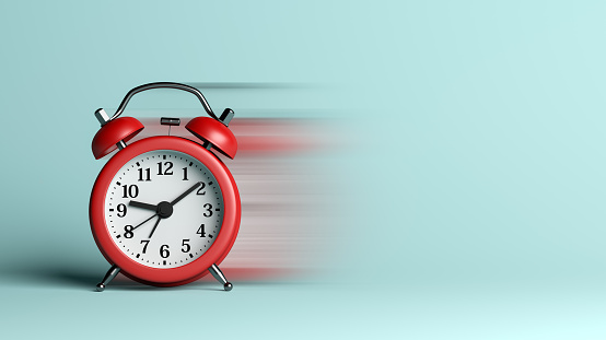 Red Alarm Clock on Blue Empty Background with Blur Effect 3D Illustration