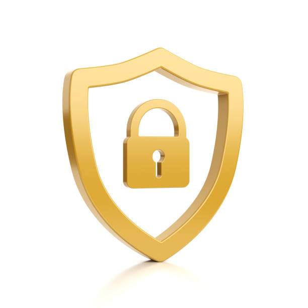 Yellow Outline Shield Shape with Padlock on White Yellow Outline Shield Shape with Padlock on White Background 3D Illustration padlock stock pictures, royalty-free photos & images