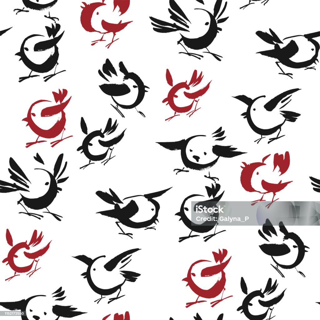 Minimalist birds sketch vector seamless pattern Minimalist birds sketch vector seamless pattern. Black and red sparrows grunge style doodles. Funny brush strokes chickadees, chicken on white background. Wallpaper, textile print Abstract stock vector