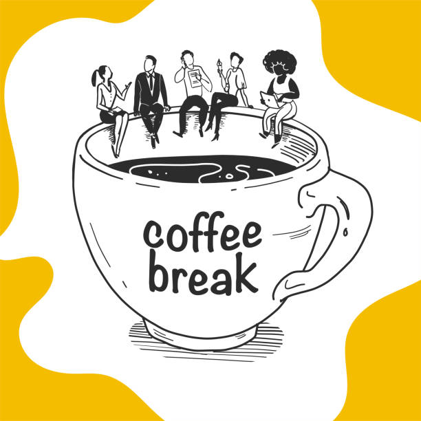 векторная бизнес-иллюстрация офисных людей компании, сидящей на большой кофейной чашке, разговаривающих, еющих, обсуждающих, работающих из - sitting men white background people stock illustrations