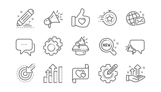 ilustrações de stock, clip art, desenhos animados e ícones de brand social project line icons. business strategy, megaphone and representative. linear set. vector - ambassador