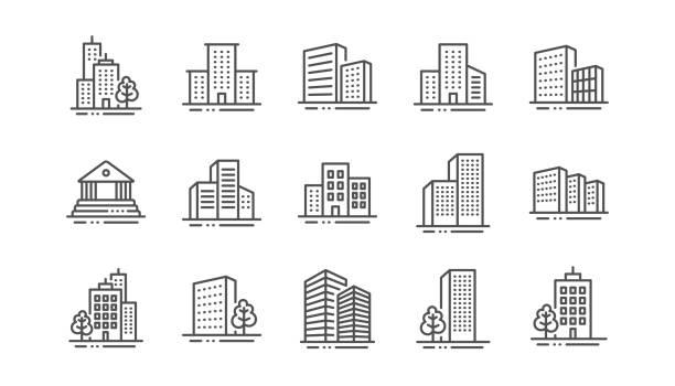 Buildings line icons. Bank, hotel, courthouse. City architecture, skyscraper building. Vector Buildings line icons. Bank, Hotel, Courthouse. City, Real estate, Architecture buildings icons. Hospital, town house, museum. Urban architecture, city skyscraper. Linear set. Vector flat icons stock illustrations