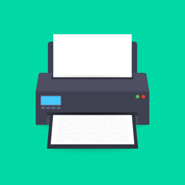 ilustrações de stock, clip art, desenhos animados e ícones de flat printer icon. printer with paper a4 sheet and printed text document. vector stock illustration. - print computer printer printout push button