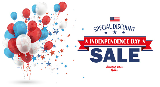 Balloons and stars with the text Independence Day Sale on the white background. Eps 10 vector file.